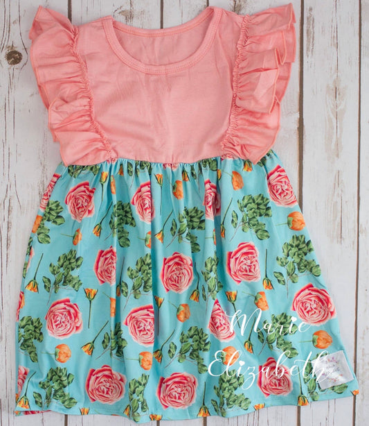 Coral Watercolor Roses Dress